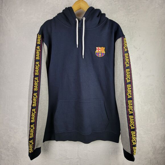 FCB Barcelona Hoodie L Spell Out Logo Navy Gray Sweatshirt Futbol Soccer Gear - Picture 1 of 14
